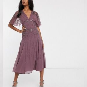 ASOS Purple Midi Embellished Cape Dress Size 6